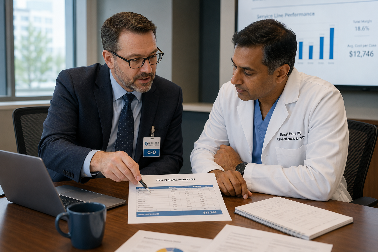 Hospital finance leader explaining service line cost accounting methodology to a physician department chair