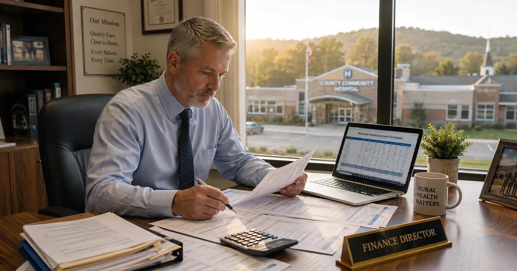 Critical Access Hospital Cost Report Strategy Rural Illinois critical access hospital finance director reviewing Medicare cost report worksheets at her desk