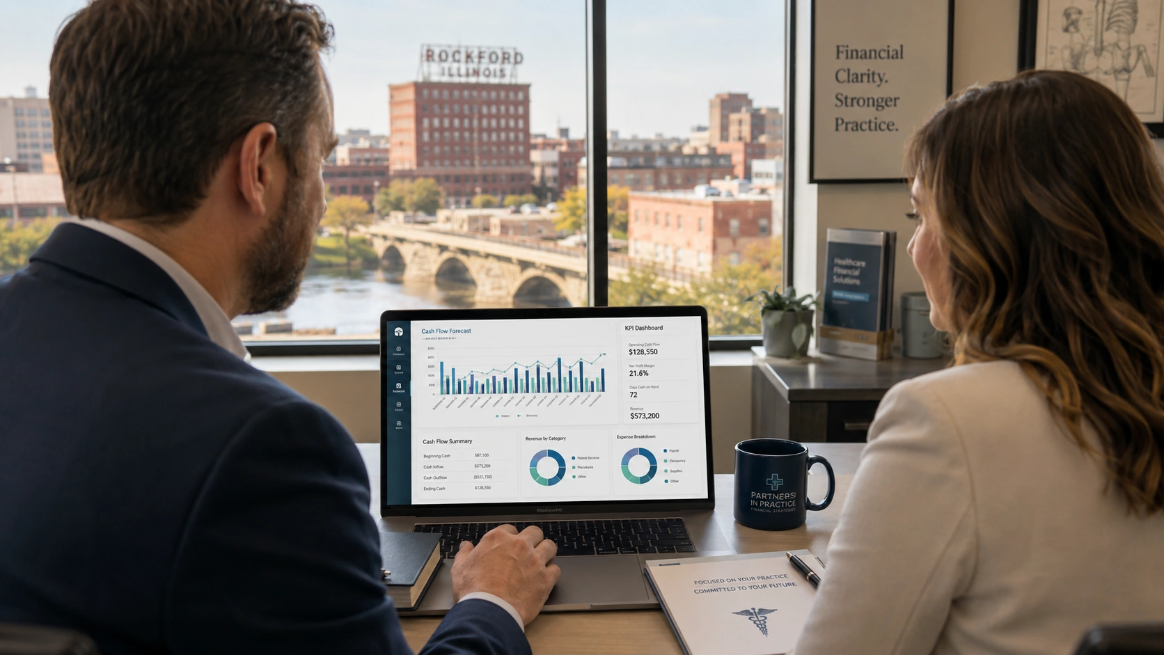 Fractional CFO services in Rockford and Northern Illinois Fractional CFO reviewing cash-flow forecasts and KPI reports for a Rockford, Illinois healthcare practice