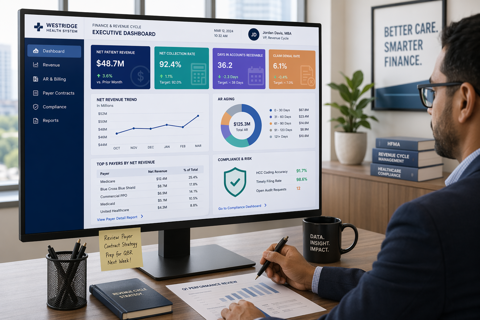 Healthcare accounting professional reviewing financial and billing data for a growing medical organization in 2026