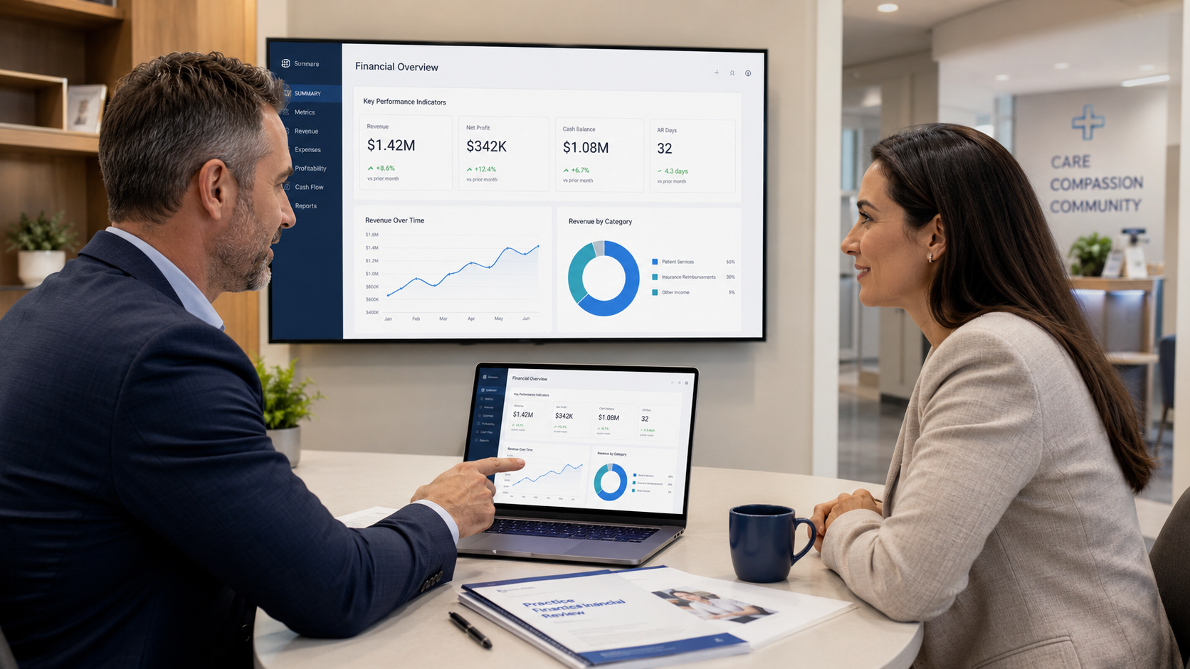 Medical practice owner reviewing cash flow forecast and monthly financial report