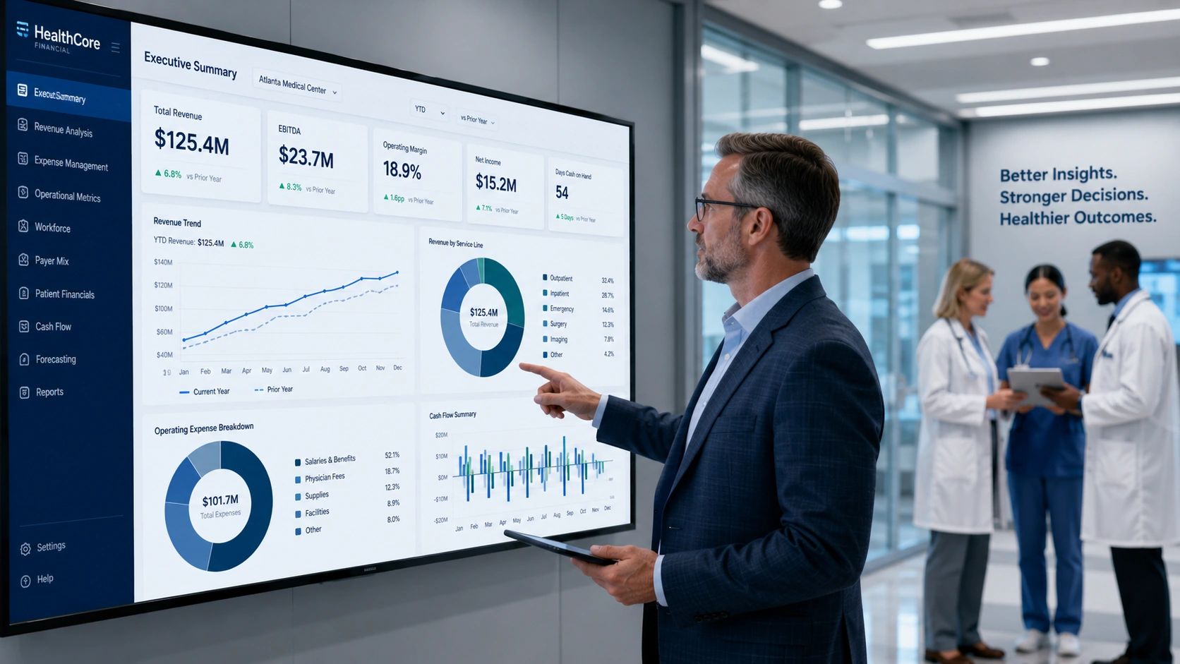 Healthcare finance leader reviewing dashboards and financial reports for a growing medical practice in Rockford, Illinois