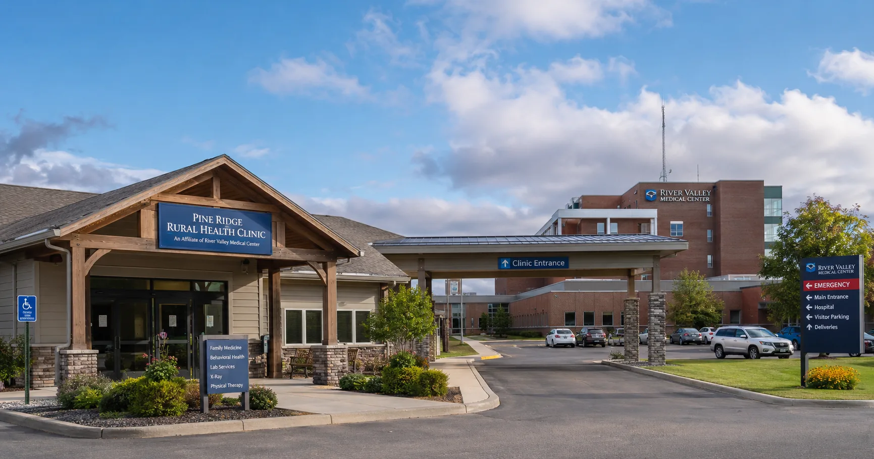 Provider-Based vs Freestanding Clinic Economics Rural hospital-affiliated clinic entrance illustrating the provider-based designation decision for a critical access hospital