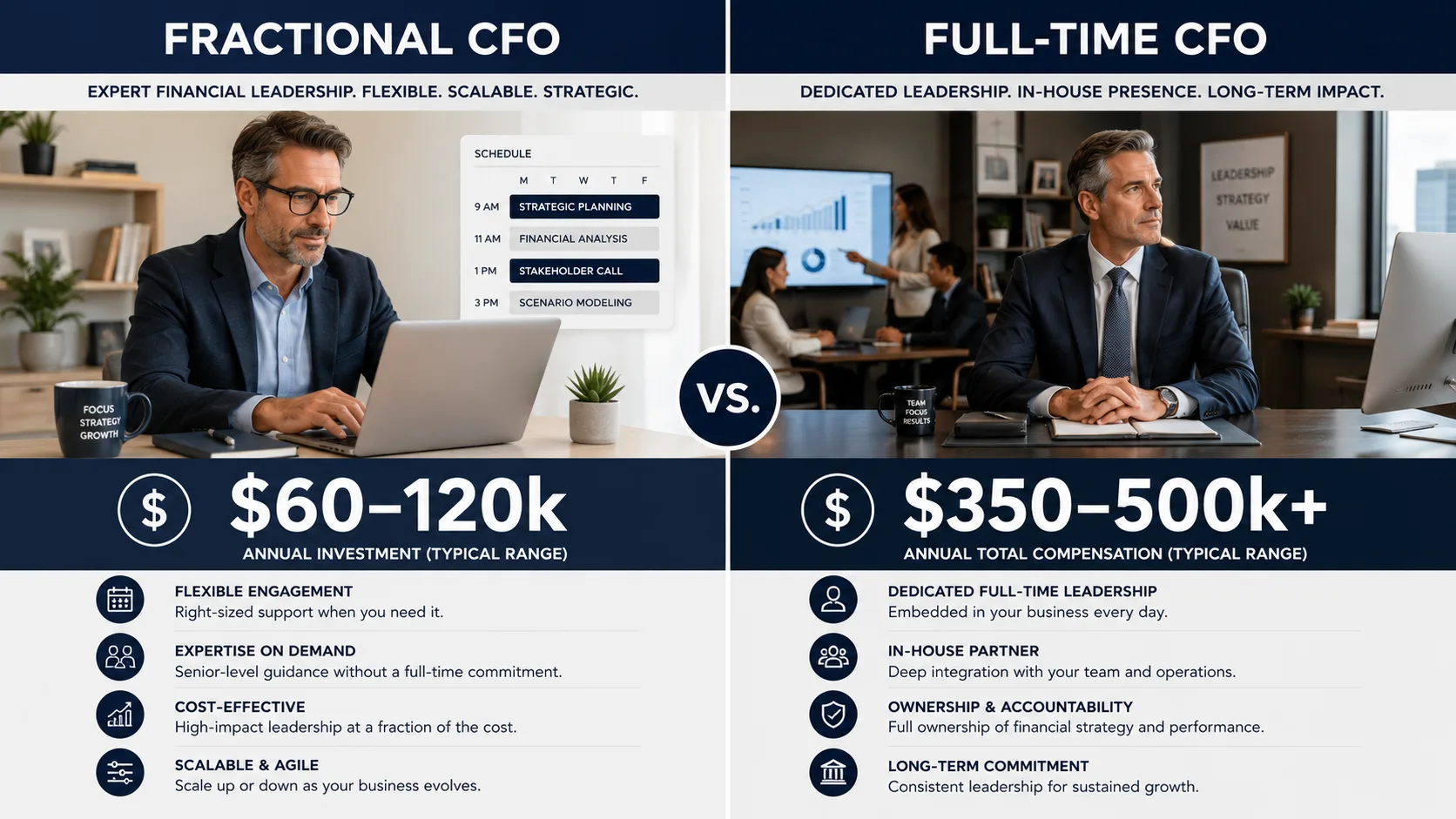 Professional comparison of fractional CFO versus full-time CFO costs and working models for mid-market companies