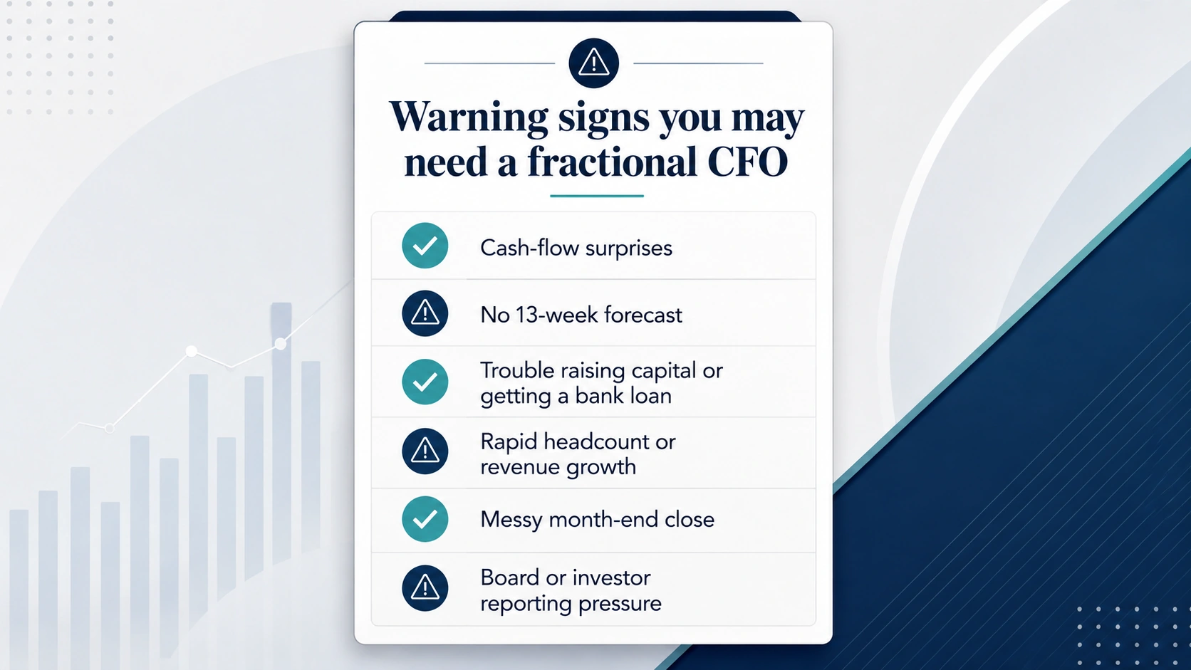 Checklist of business signals showing when to hire a fractional CFO, such as cash flow gaps and slow month-end close