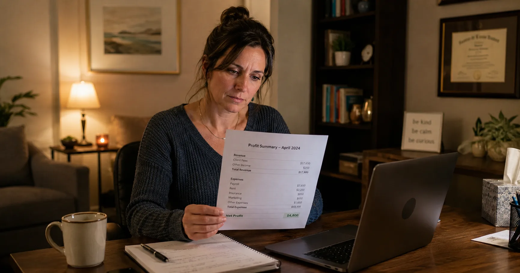 What a Healthy Therapy Practice Profit Margin Looks Like Counseling practice owner reviewing a therapy practice profit margin summary after hours in a Northern Illinois office